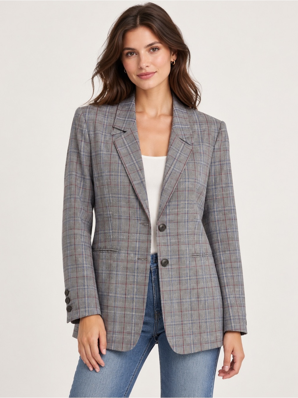Tory Burch Women’s Plaid Blazer Size 4 Gray Blue Burgundy Tailored Jacket